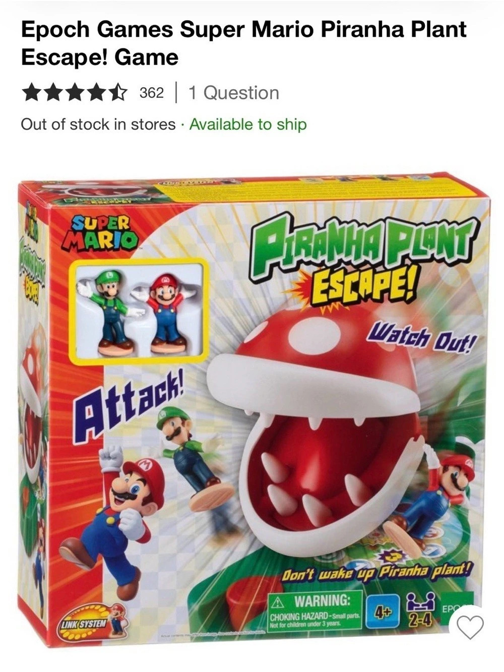 NWT Epoch Games Super Mario Piranha Plant Escape! Game